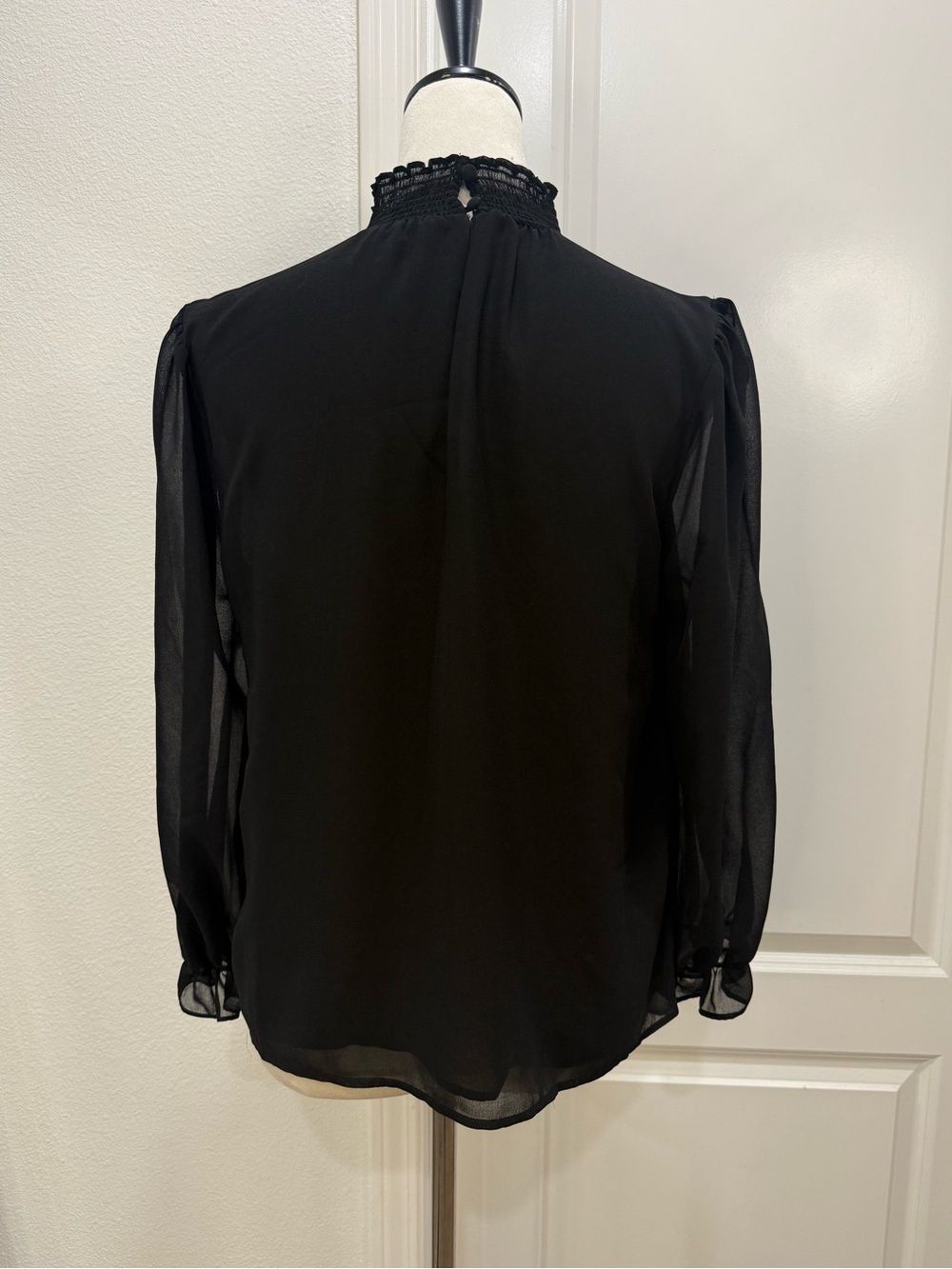 1. State Black Smocked Mock Neck Sheer Sleeve Blouse - Picture 4 of 10